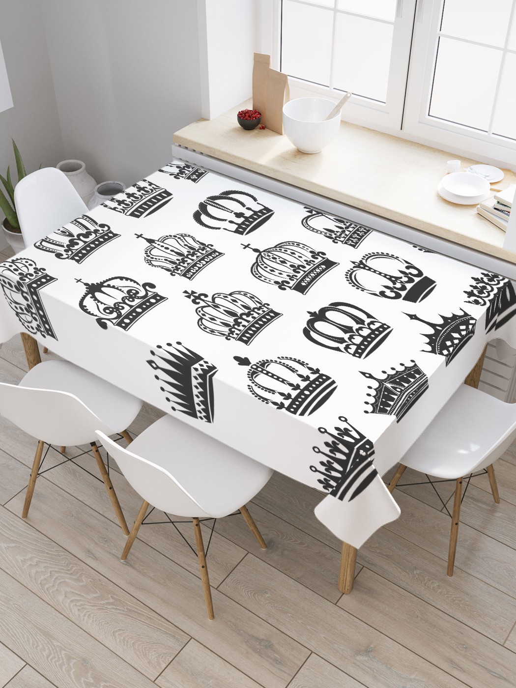 

Скатерть прямоугольная JoyArty "Разнообразие корон" из оксфорда, 180x145 см, Белый, Разнообразие корон