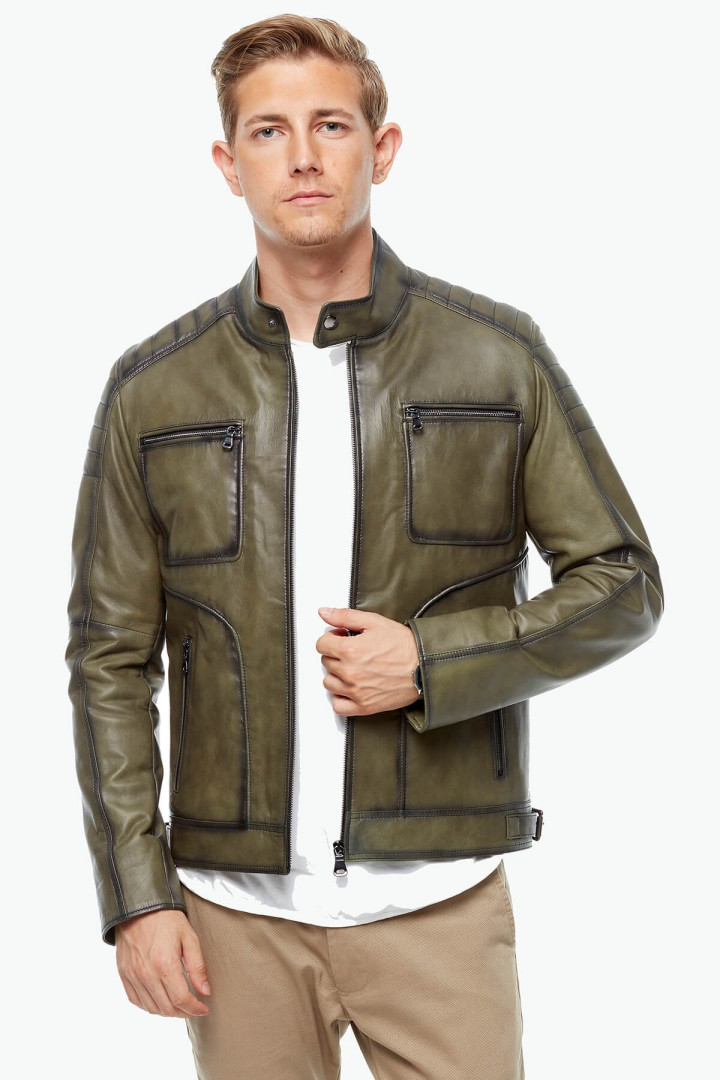 Кожаная куртка мужская Deriza 35-5083 зеленая 2XL (товары доставляются из-за рубежа)