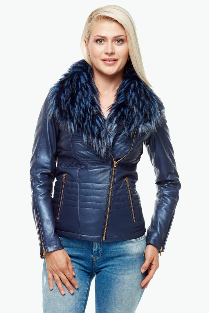 Кожаная куртка женская Deriza 39-624 синяя XL (товары доставляются из-за рубежа)