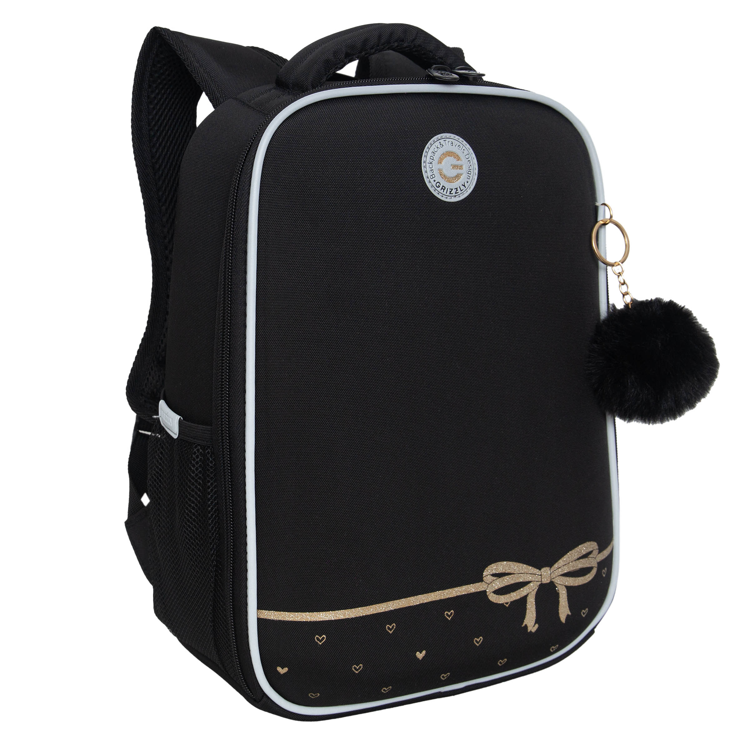 

Ранец GRIZZLY RAw-496-1 облегченный с одним отделением, для девочки, черный-золото, 496-1