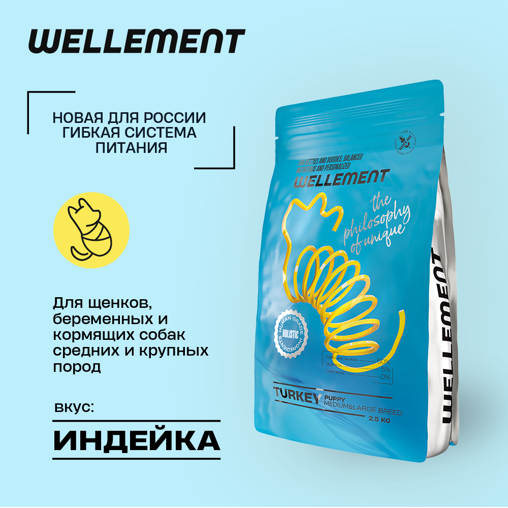 Сухой корм для щенков Wellement, для средних и крупных пород, с индейкой, 2.5 кг