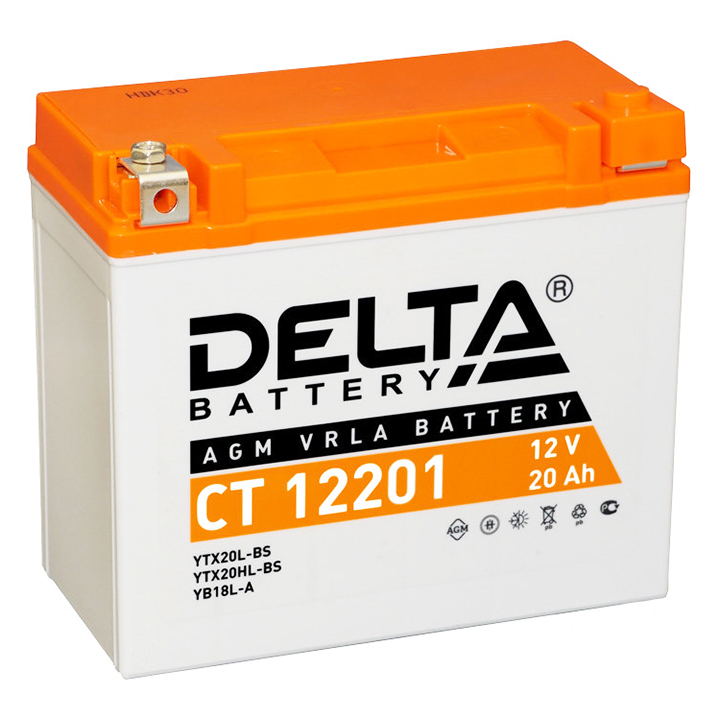

Мото аккумулятор DELTA AGM 20 А/ч обратная R+ 177x88x154 EN270 А CT 12201, CT12201