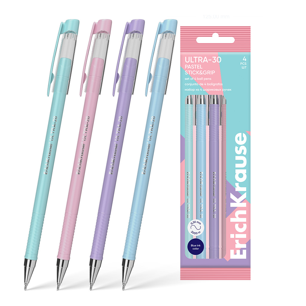 

Набор шариковых ручек ErichKrause ULTRA-30 61038 Stick&Grip Pastel 0,7 синие чернила 4 шт