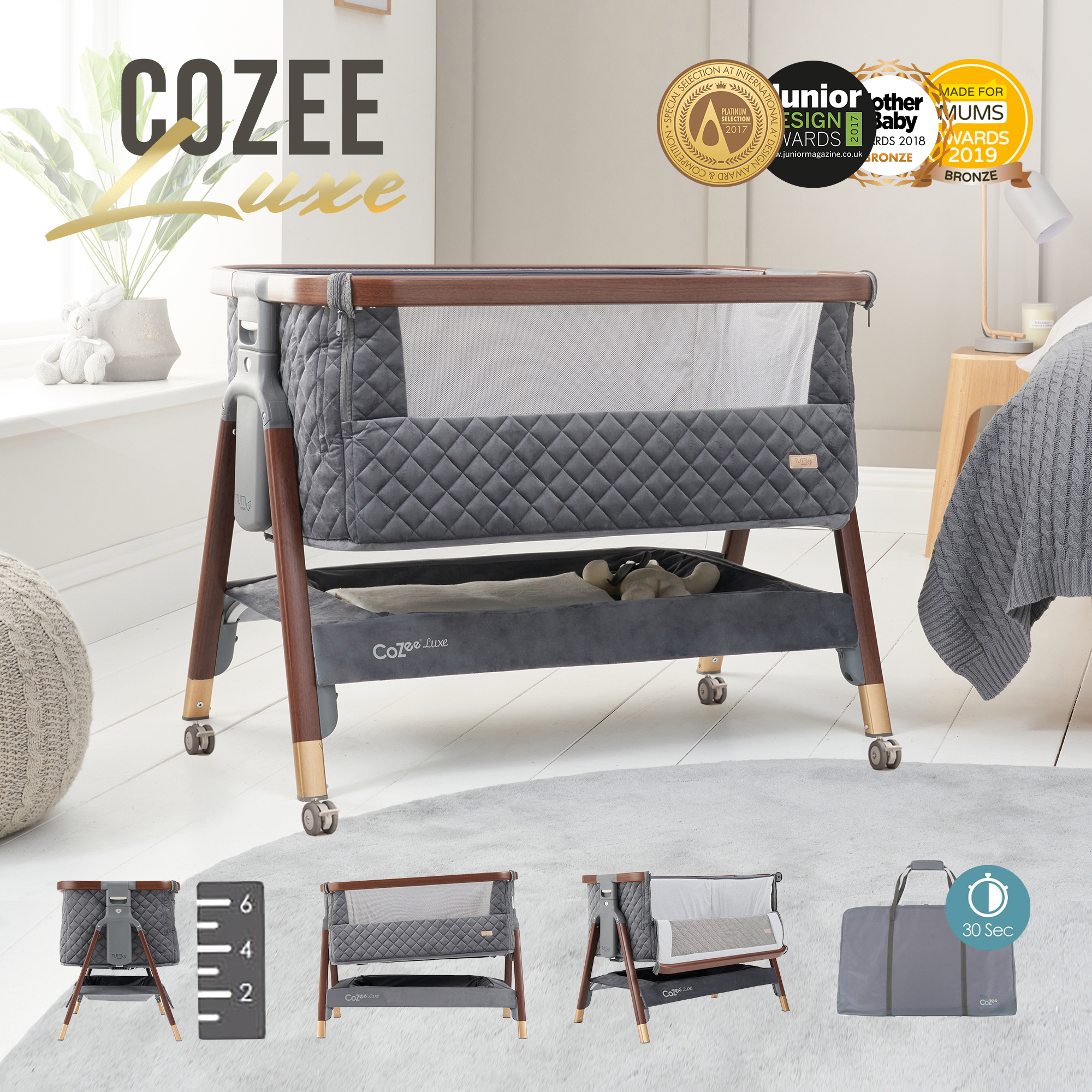 

Колыбель Tutti Bambini CoZee Luxe Walnut/Slate с колесами 211208/6581, Темный орех, CoZee Luxe