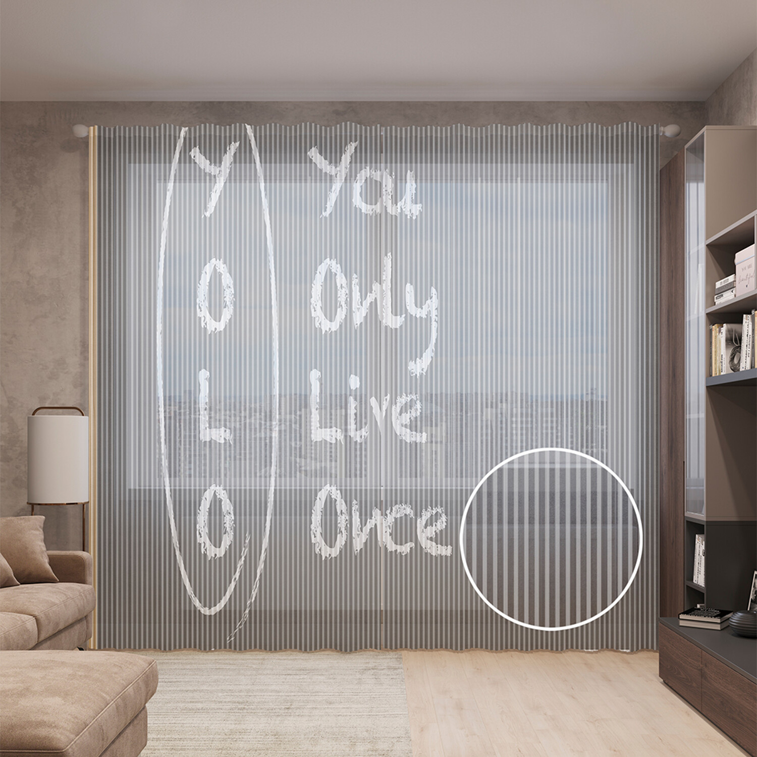 фото Тюль вуаль на шторной ленте с принтом joyarty "yolo вы живете только один раз", 310х265 см
