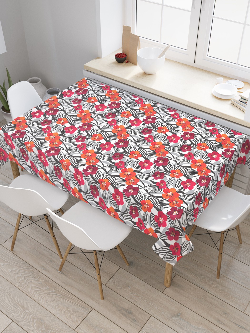 

Скатерть прямоугольная JoyArty "Цветы на контурных листьях" из оксфорда, 180x145 см, Красный, Цветы на контурных листьях