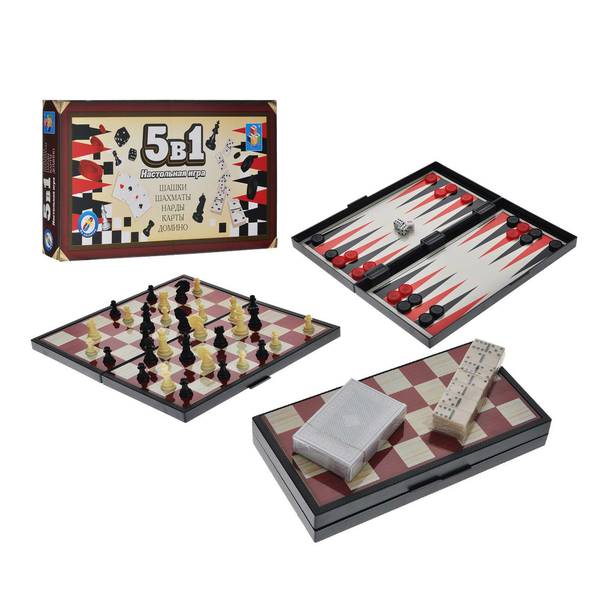 Настольная игра 1Toy 5 в 1 Шашки, шахматы, нарды, карты, домино магнитные Т52452