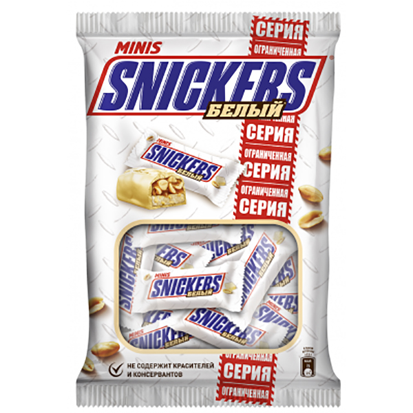 Батончик Snickers Minis белый с арахисом, карамелью и нугой покрытый белым шоколадом 180 г