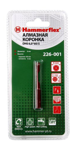 

Алмазная коронка по керамограниту/стеклу для дрелей, шуруповертов Hammer 58964, DHS 6,0*60/5