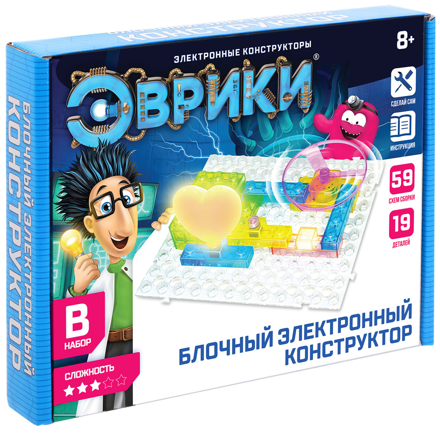 Конструктор блочный-электронный «В мире электроники», 59 схем, 19 деталей Эврики