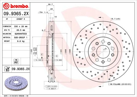 фото Тормозной диск brembo 09.9365.2x