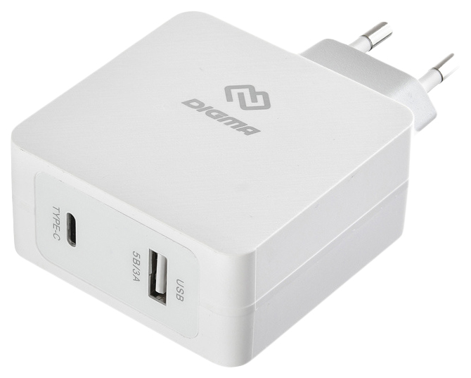 фото Сетевое зарядное устройство digma dgpd-45w-wg, 1xusb; 1xusb type-c, 3 a, white