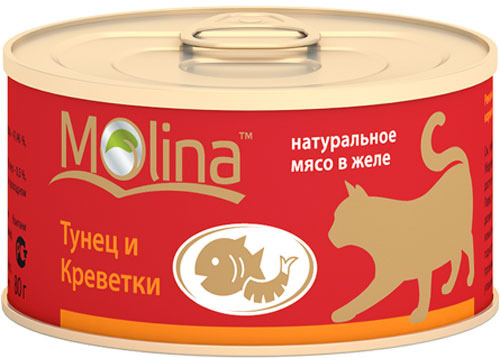 фото Консервы для кошек molina, с тунцом и креветками в желе, 80г