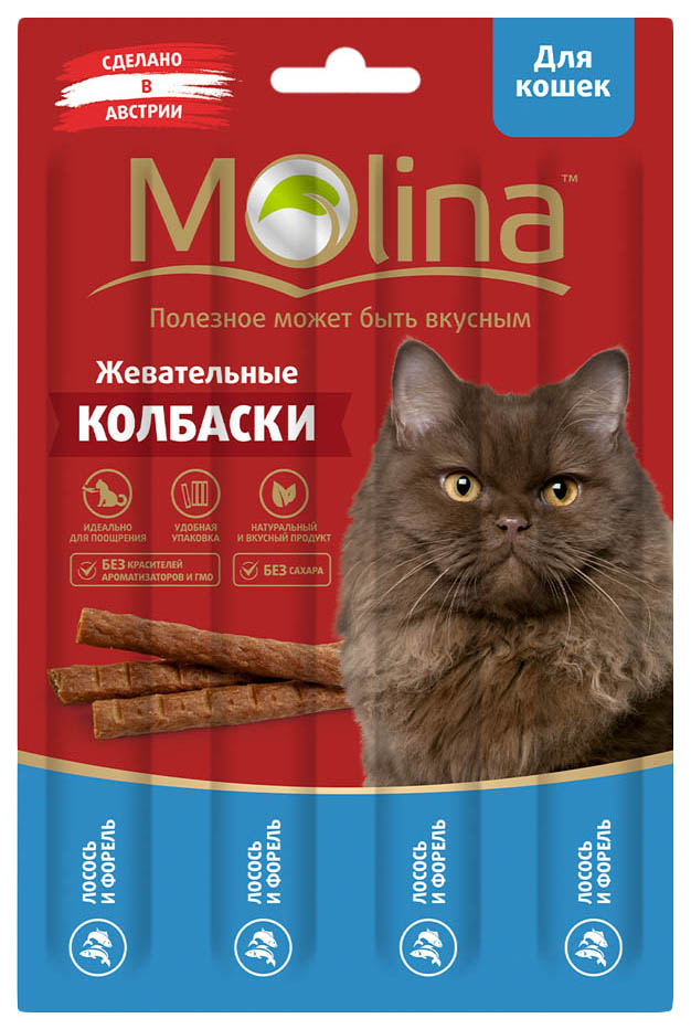 фото Лакомство для кошек molina, жевательные колбаски, лосось, форель, 20 г