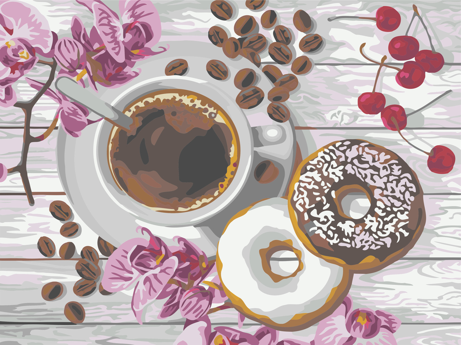 фото Набор для рисования по номерам "кофе с пончиками" (30x40 см) русская живопись