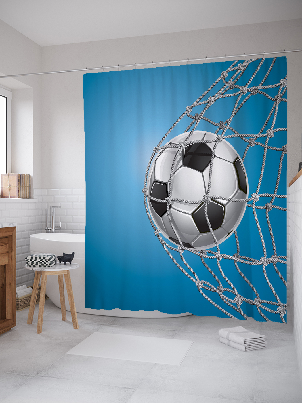фото Joyarty штора (занавеска) для ванной «футбольный мяч» из ткани, 180х200 см с крючками