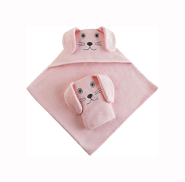 фото Набор для купания наша мама зайка, розовая махра полотенце-уголок и рукавичка 80*80 см