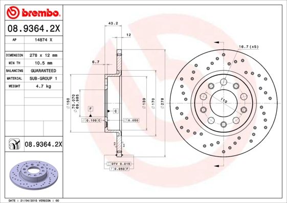 фото Тормозной диск brembo 08.9364.2x