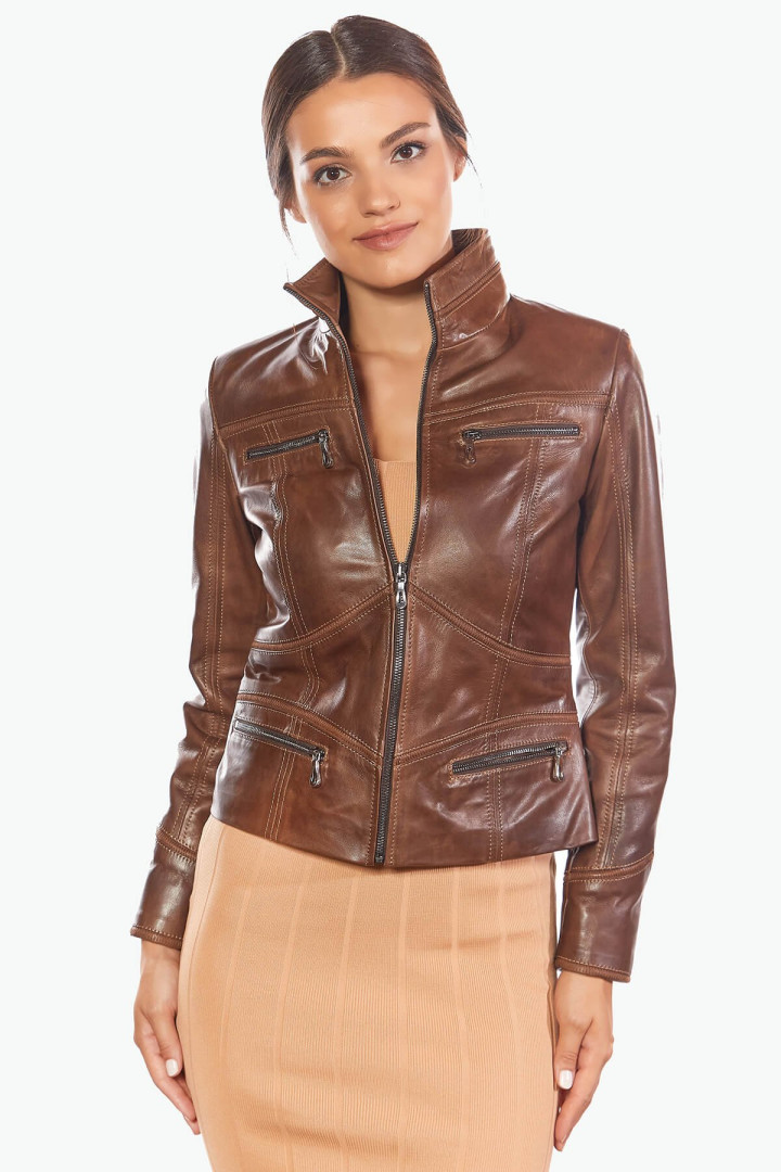 Кожаная куртка женская Deriza 39-593K коричневая S (товары доставляются из-за рубежа)
