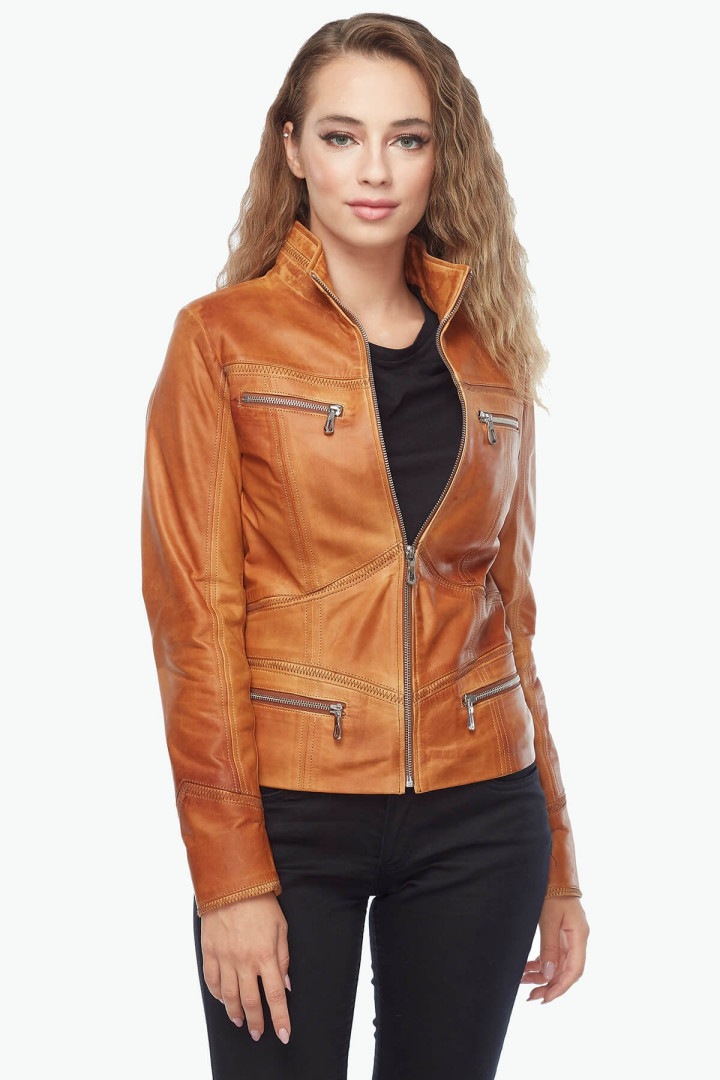 Кожаная куртка женская Deriza 39-593T коричневая 3XL (товары доставляются из-за рубежа)