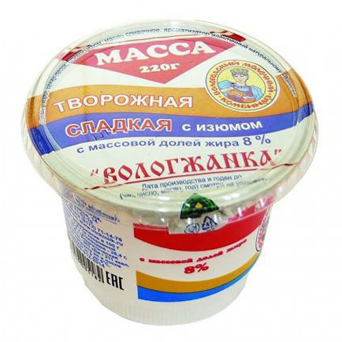 

Творожная масса Вологжанка с изюмом 8% БЗМЖ 220 г