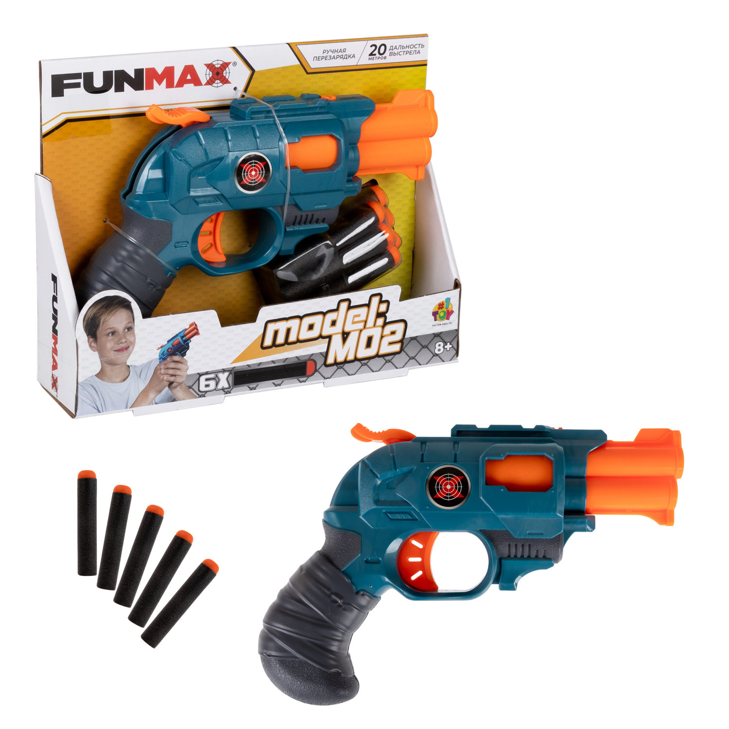 Бластер игрушечный 1toy Funmax M02 механич, 2 ствола, в компл 6 EVA снарядов