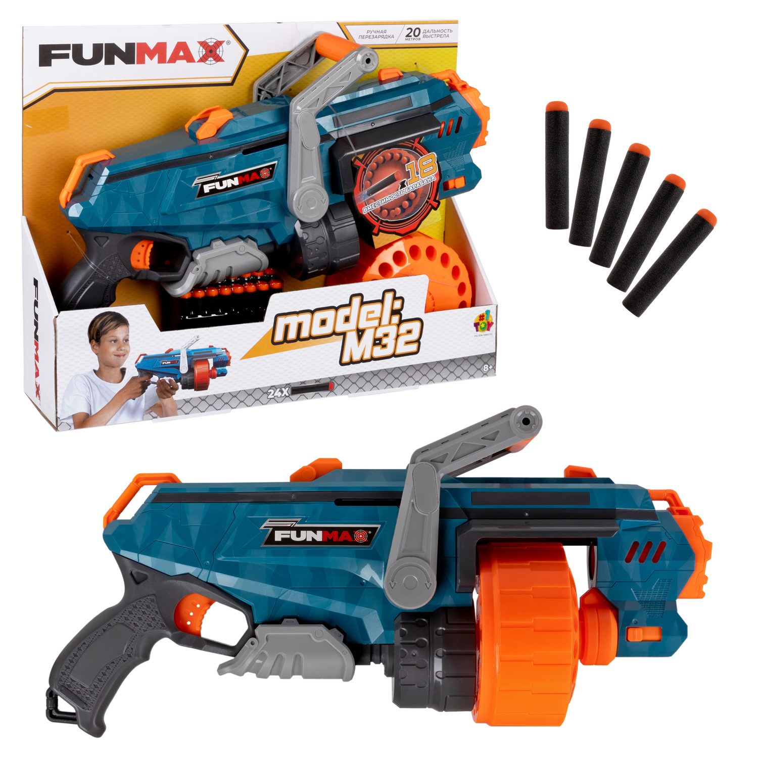 Бластер игрушечный 1toy Funmax M32механич барабан на 18 выстрелов в компл 24 EVA снаряда 2074₽