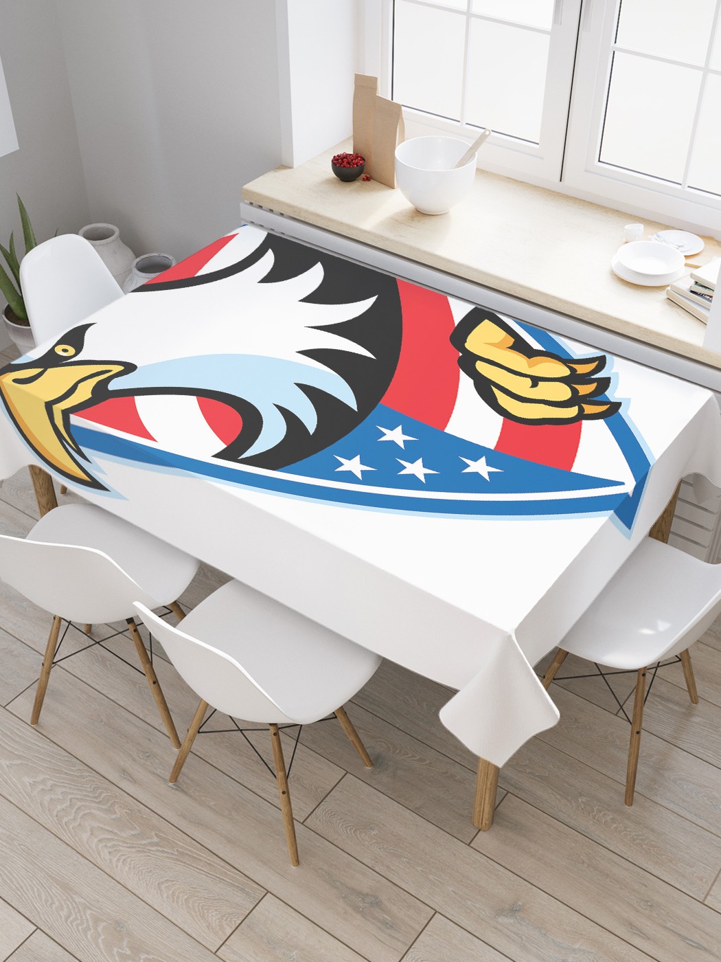 

Скатерть прямоугольная JoyArty на кухонный стол "Орел и флаг США" из оксфорда, 180x145 см, Белый, Орел и флаг США
