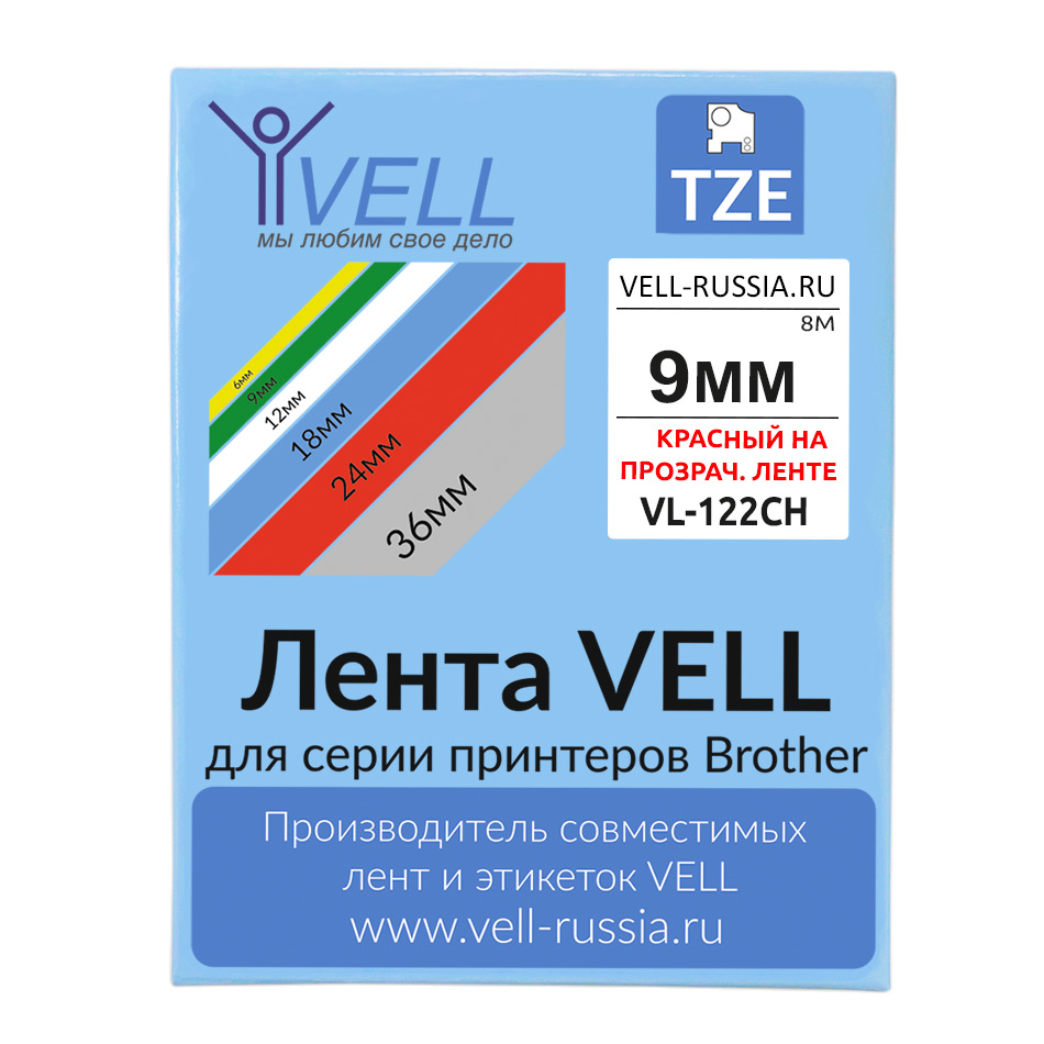 Лента Vell VL-122CH (с чипом, 9 мм, красный на прозрачном)