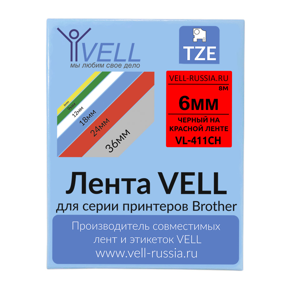 Лента Vell VL-411CH (с чипом, 6 мм, черный на красном)