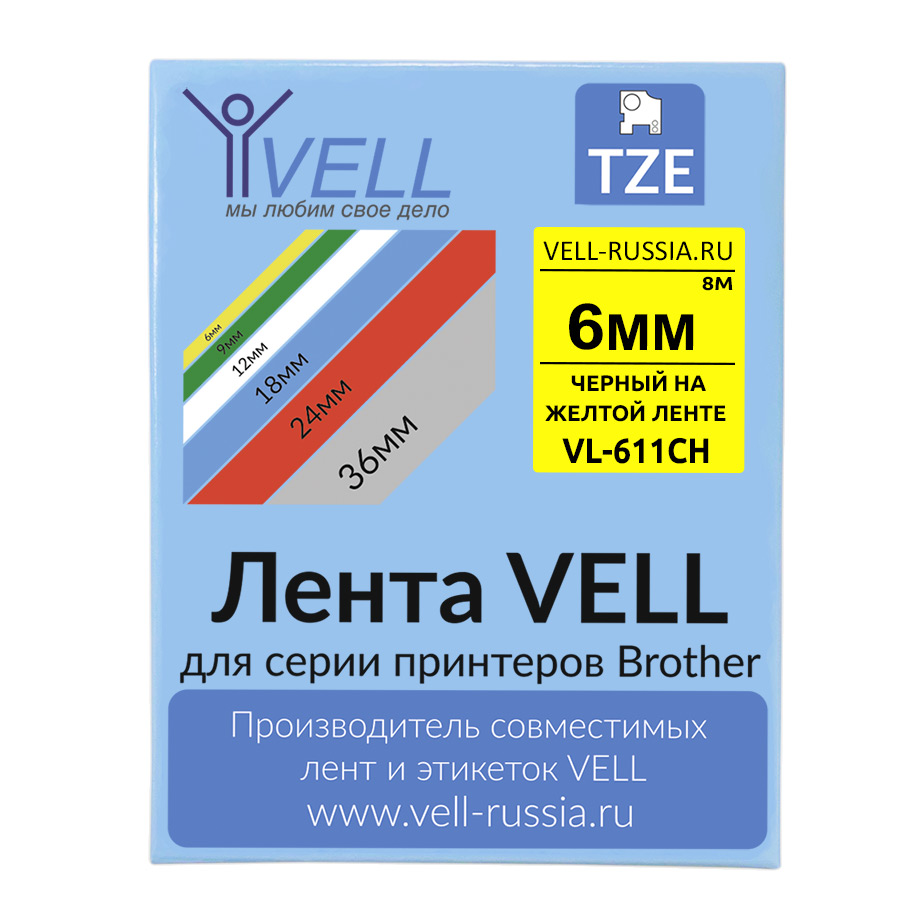 

Лента Vell VL-611CH (с чипом, 6 мм, черный на желтом), универсальная