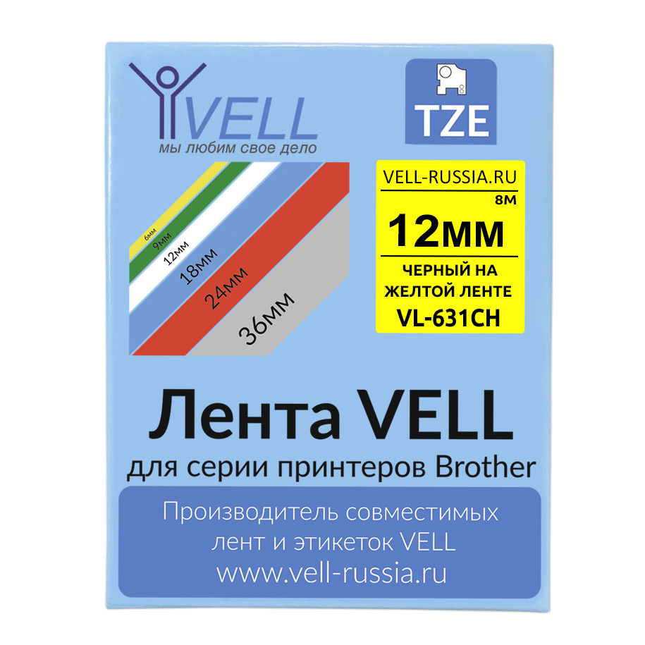 Лента Vell VL-631CH (с чипом, 12 мм, черный на желтом) универсальная