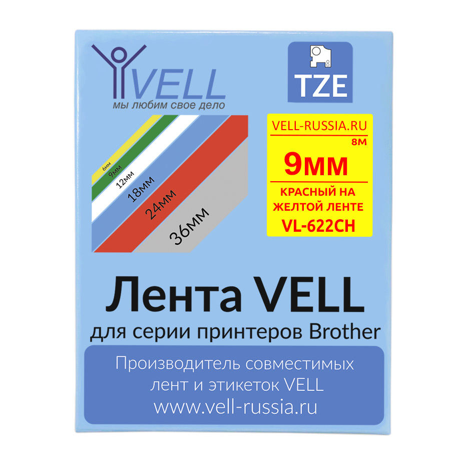 

Лента Vell VL-622CH (с чипом, 9 мм, красный на желтом), универсальная