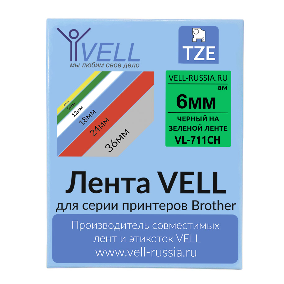 

Лента Vell VL-711CH (с чипом, 6 мм, черный на зеленом), универсальная