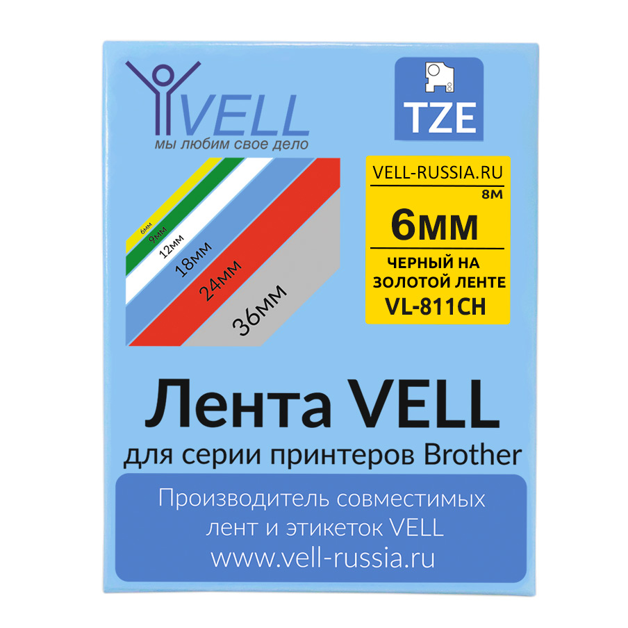 

Лента Vell VL-811CH (с чипом, 6 мм, черный на золотом), универсальная