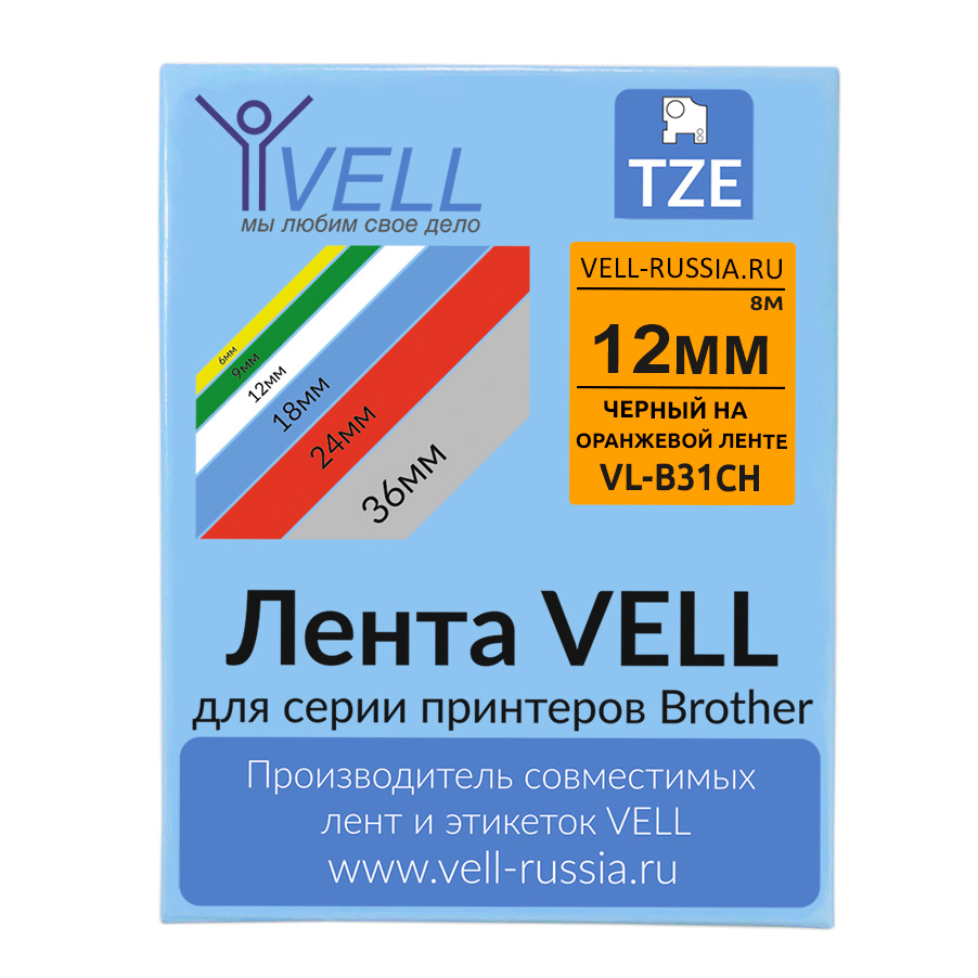 Лента Vell VL-B31CH (с чипом, 12 мм, черный на оранжевом)