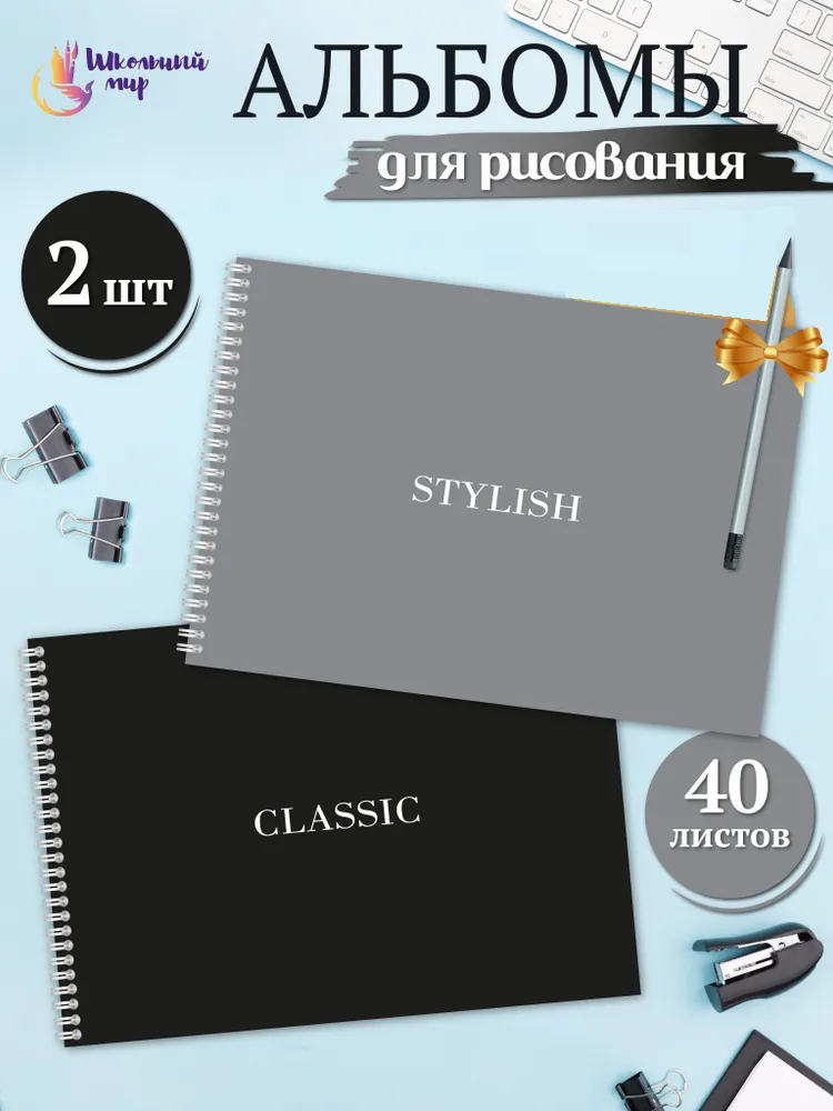 Альбом для рисования ШКОЛЬНЫЙ МИР Stylish Classic А4 в школу 40 листов на спирали - 2 шт