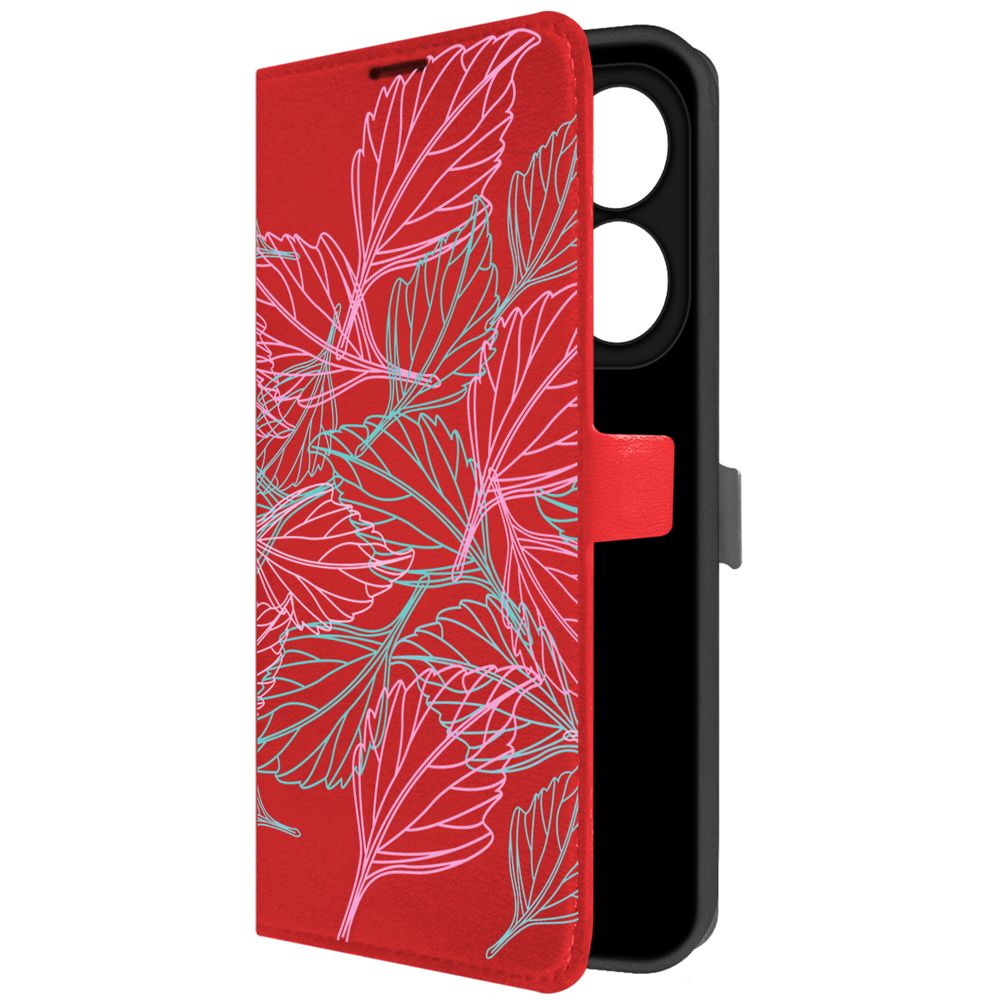 

Чехол-книжка Krutoff Eco Book для INFINIX Smart 8 Pro Листья паттерн (красный)