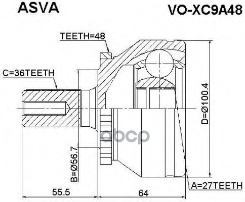 

ШРУС наружн [A:36, B:27, D:56.5mm, ABS:48] Volvo: XC90 03> PATRON PCV3031