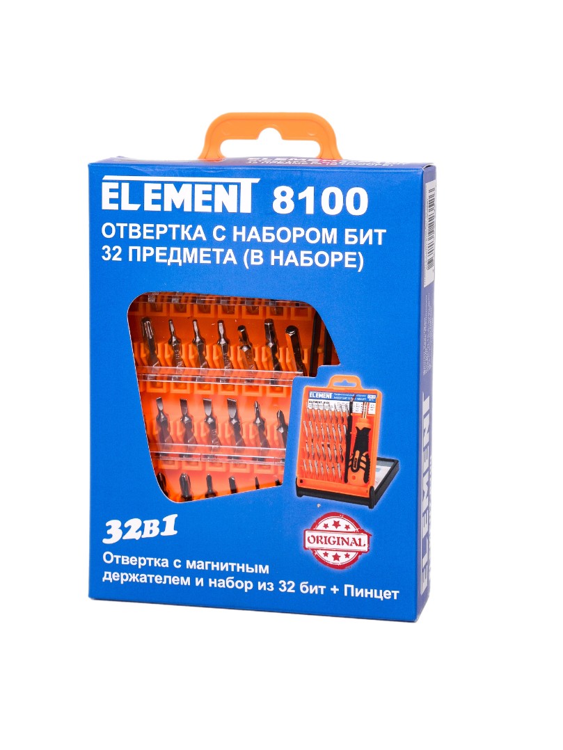 Отвертка с набором бит ELEMENT 8100 (32 предмета в наборе) пенал 2 секции 115 x 190 с наполнением 22 предмета calligrata