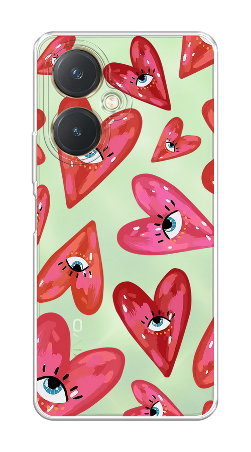 

Чехол на Vivo Y27 4G "Сердечки с глазами", Коричневый;красный;розовый, 269150-1