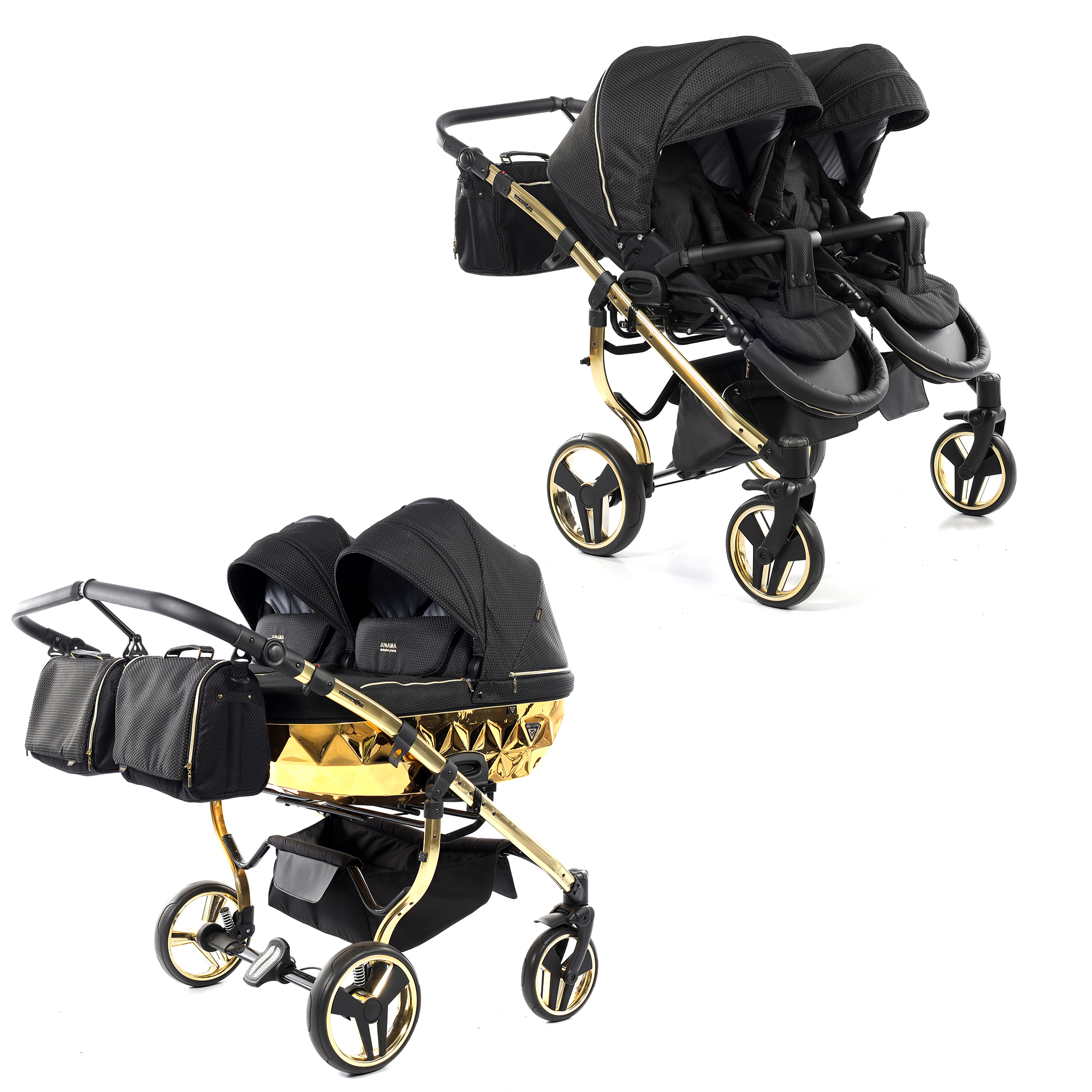 

Коляска 2 в 1 Junama DIAMOND MIRROR DUO JDMI-02 черный/короб золото/рама золото, JDMI-DUO