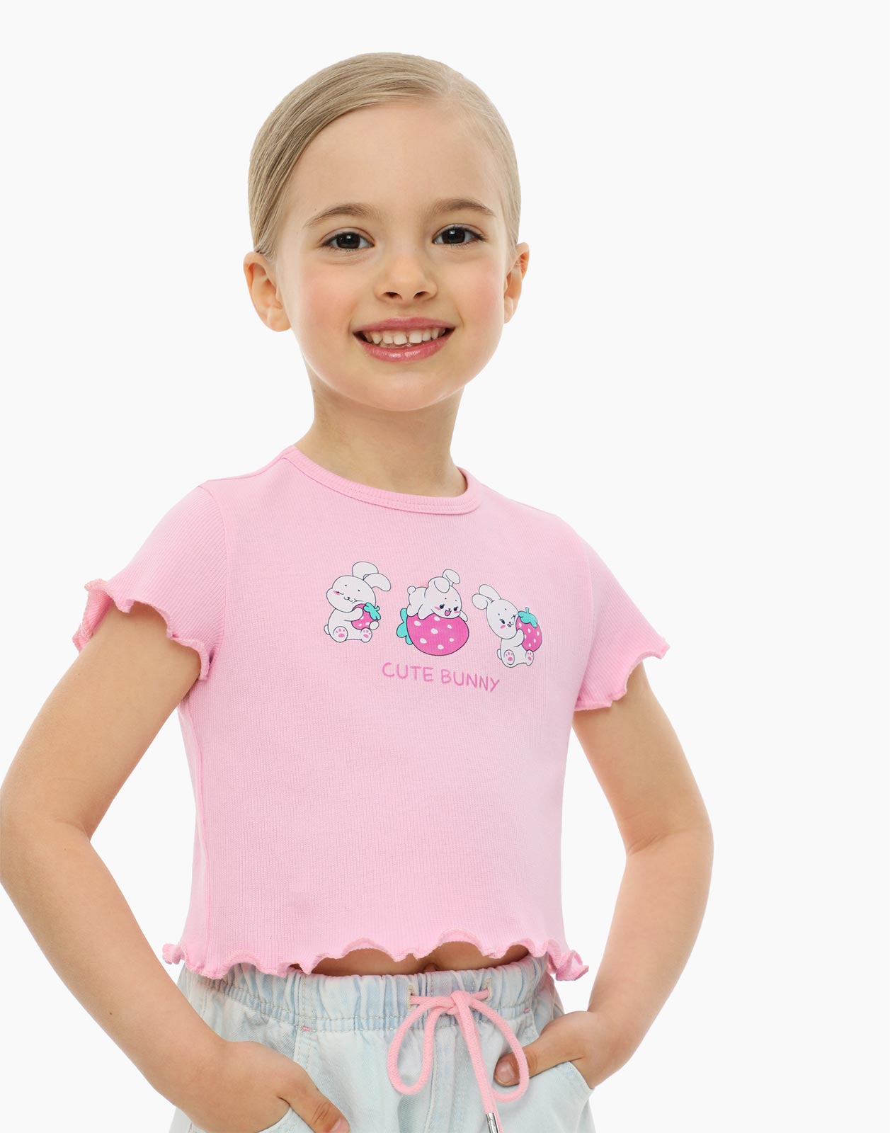 Укороченная футболка с принтом в рубчик для девочки Gloria Jeans GKT021219 розовый 2-3г/98