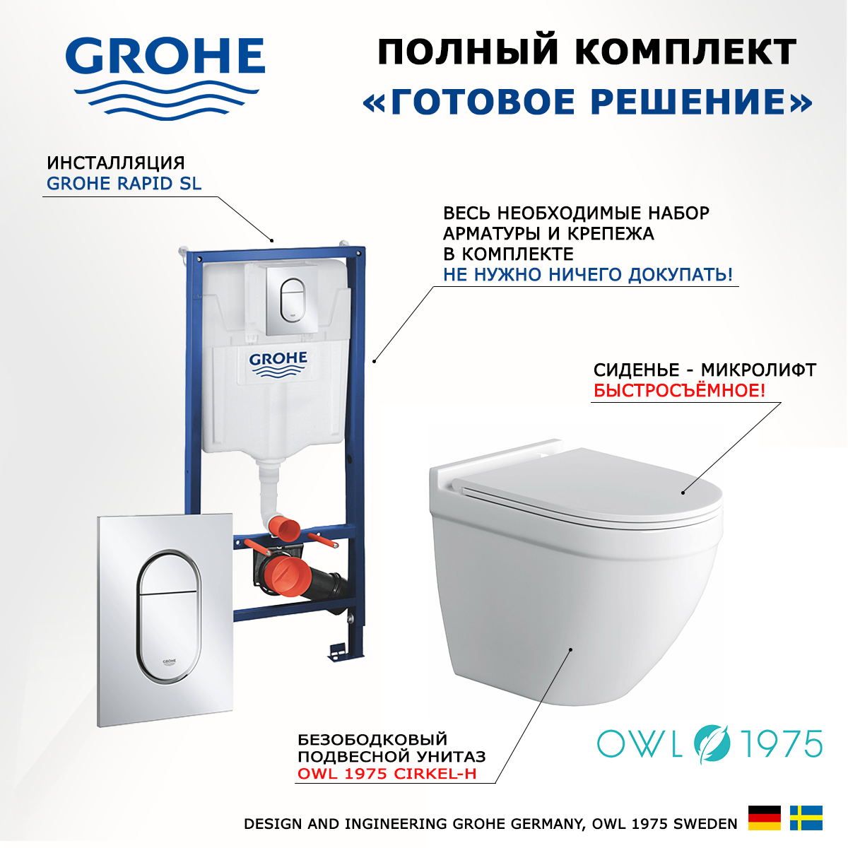 Комплект: инсталляция Grohe Solido + унитаз Owl 1975 + кнопка хром 600014712217