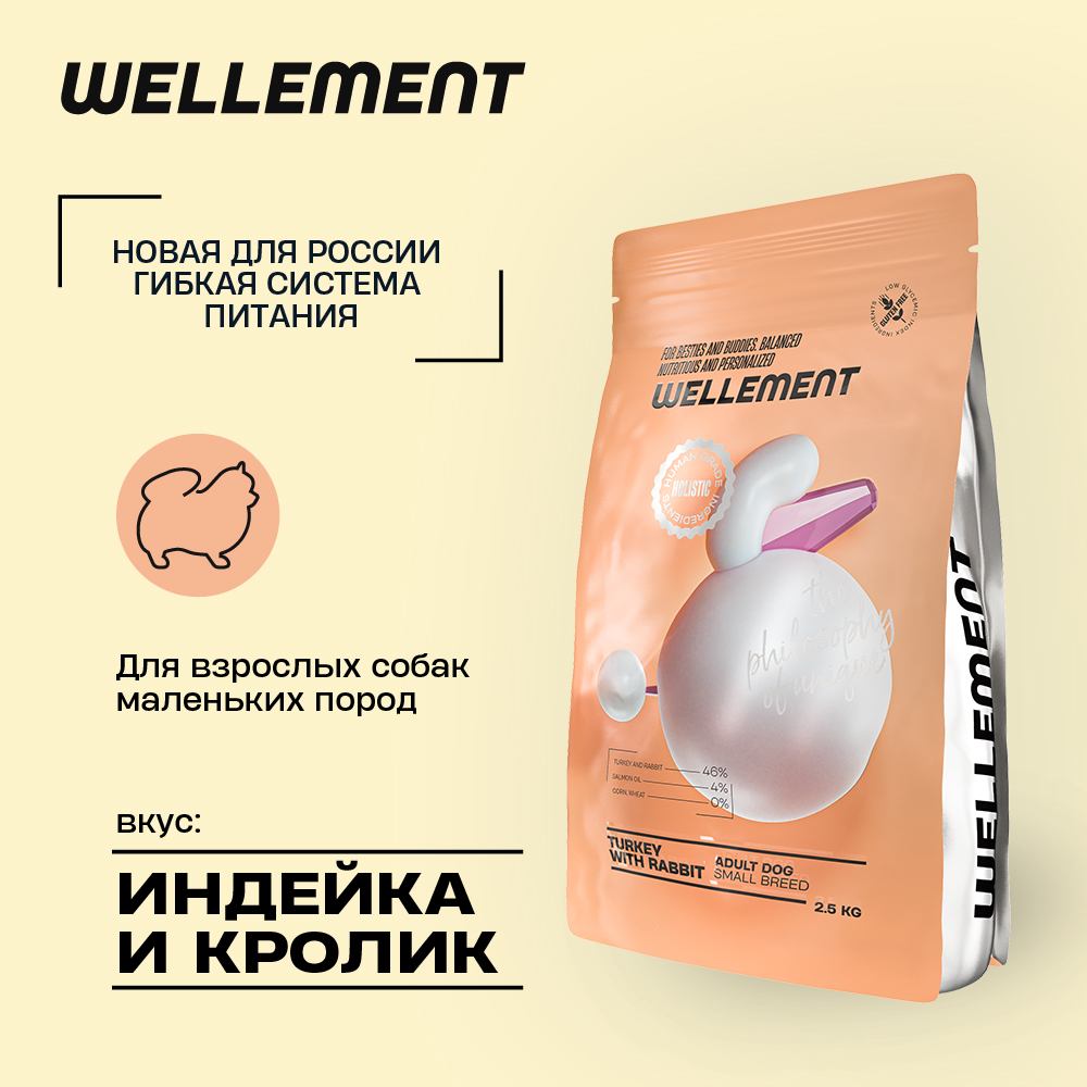 Сухой корм для собак Wellement маленьких пород, с индейкой и кроликом, 2.5 кг