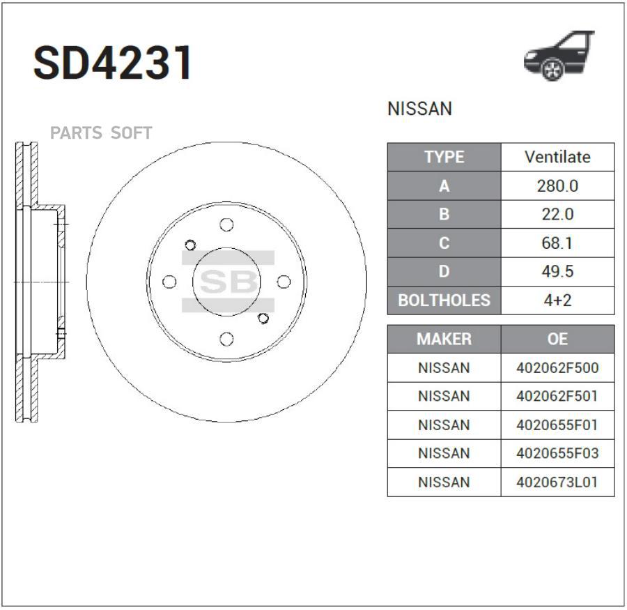 

Диск тормозной передний NISSAN Almera N16/Primera (P11) /Vent D=280mm SANGSIN BRAKE SD4231, SD4231