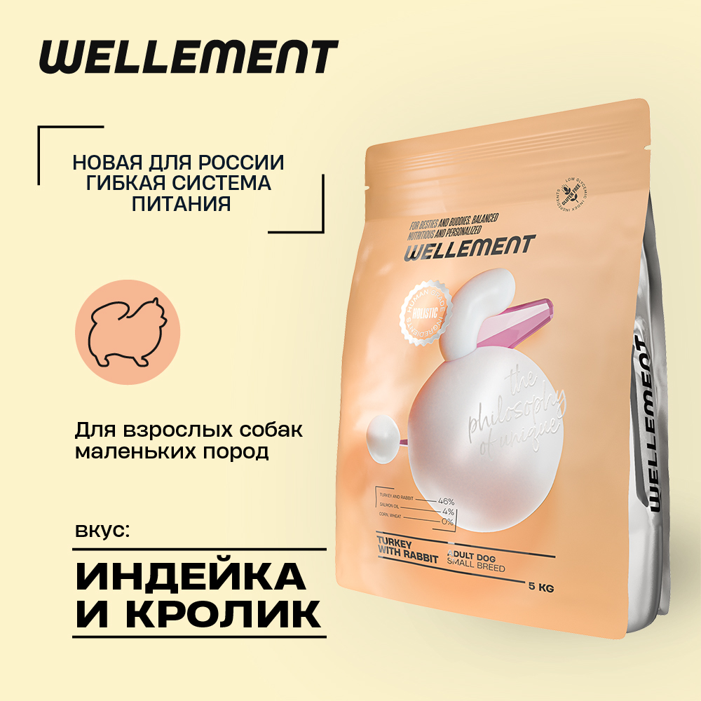 Сухой корм для собак Wellement маленьких пород, с индейкой и кроликом, 5 кг