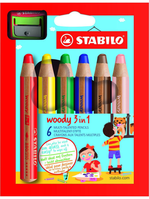 фото Набор супертолстых цветных карандашей stabilo woody 6цв+точилка, картонный футляр