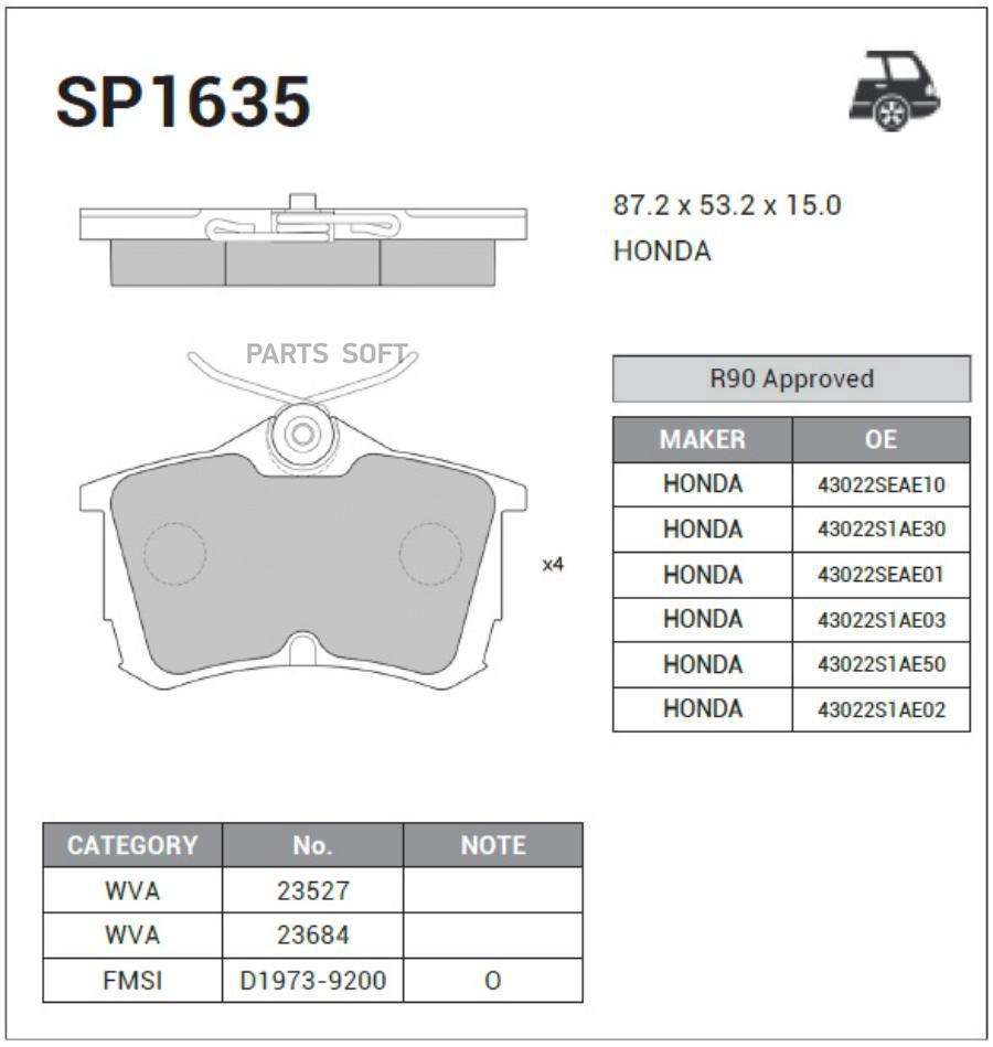 

Тормозные колодки Sangsin brake задние SP1635, SP1635