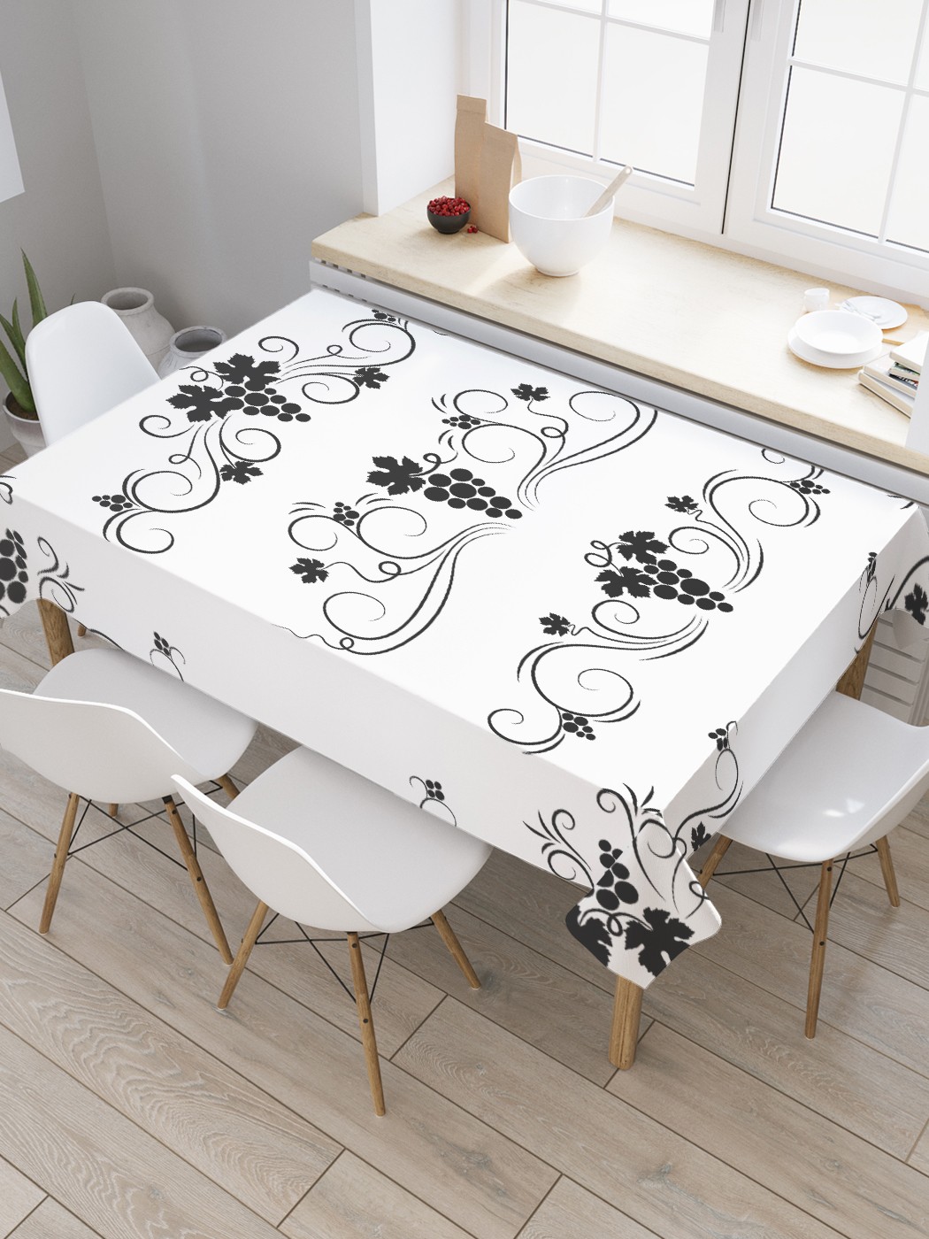 

Скатерть прямоугольная JoyArty "Виноград в орнаменте" из оксфорда, 180x145 см, Белый, Виноград в орнаменте